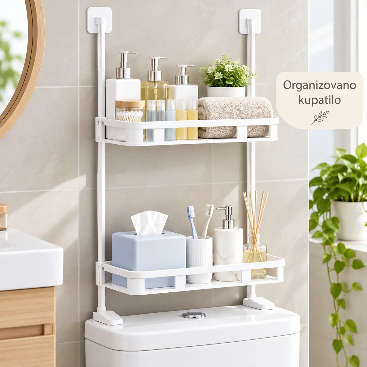 Organizovano kupatilo sa policom iznad WC školjke