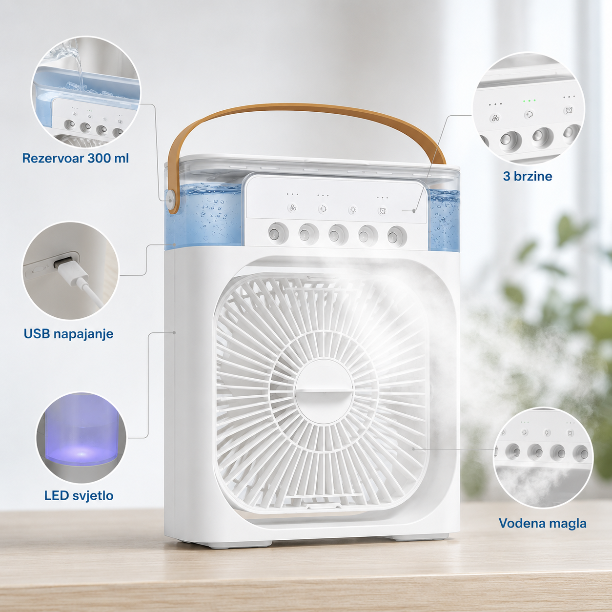 Mini 5u1 sobna klima — karakteristike: rezervoar 300 ml, 3 brzine, USB napajanje, LED svjetlo, vodena magla